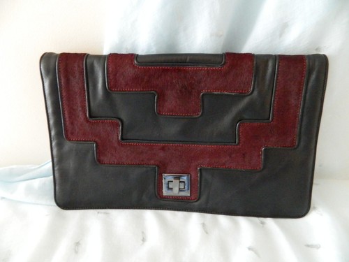 CUE Leather & Cowhide Clutch Pouch Black & Red Burgundy Colour Rectangle Large