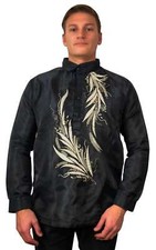 Black Feather Embroidered Long Sleeve Organza Barong Tagalog ORDER US SIZE