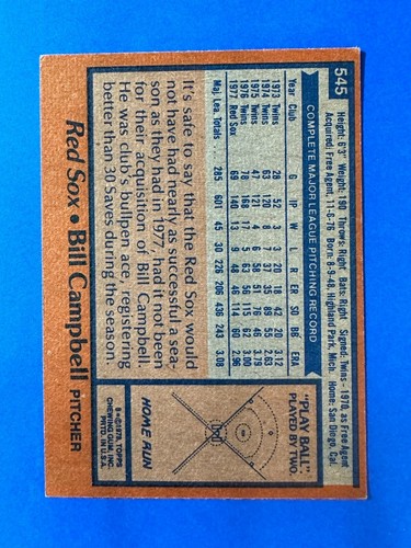 1978 Topps #545 BILL CAMPBELL * NM- MT or BETTER * C3025326 - Picture 2 of 24
