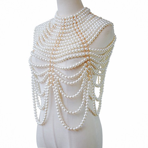 Women Pearl Neck Chain Chest Sweater Chain Shoulder Chain Pearl Body Chain - Picture 4 of 5