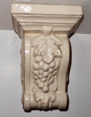 Large Wall Hanging Shelf Sconce Display Bracket Glazed Ceramic Grapes & Leaf