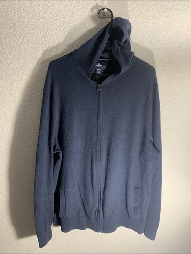 Land's End Mens Cashmere Full Zip Sweater Hoodie Navy Blue Size XLT 46-48