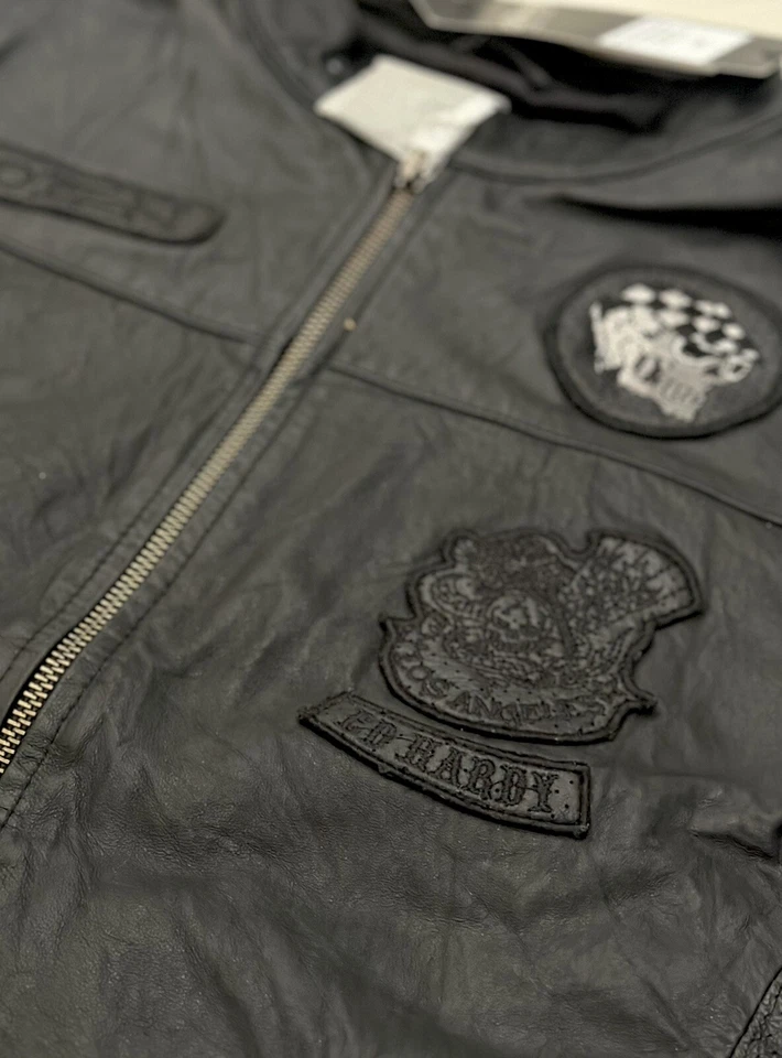 Auténtica RARA Chaqueta de Motociclista de Cuero Bordada Ed Hardy Para Hombres L Foto 2 de 4