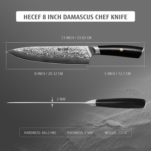Hecef 8in Damascus Chef Knife Professional Japanese VG10 Steel Extra Sharp Knife - Picture 6 of 10