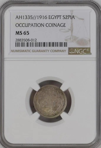 EGYPT , 2 PIASTRES HUSSEIN KAMIL 1916 NGC MS 65 ( 24 )  , RARE
