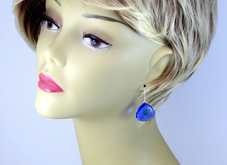 Pendientes lágrimas de zafiro simulado azul cachemir oro macizo de 14 k Foto 3 de 4