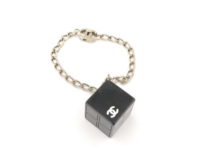 CHANEL Bracelet 04S Silver Chain with Black Cube Charm CC Logo Vintage