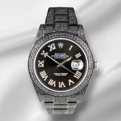 Rolex Men's Datejust 41mm Black Iced Out 10ct Diamonds Roman Steel Watch 116300