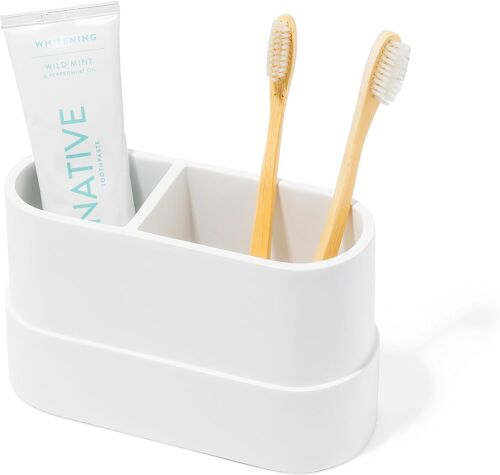 Matte White Large Toothbrush and Toothpaste Holder for Bathroom Vanity and Count