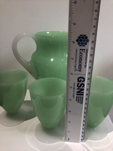 Stevens & Williams Stourbridge Alabaster Uranium Glass Jug Pitcher & 3 Glasses - Picture 12 of 16