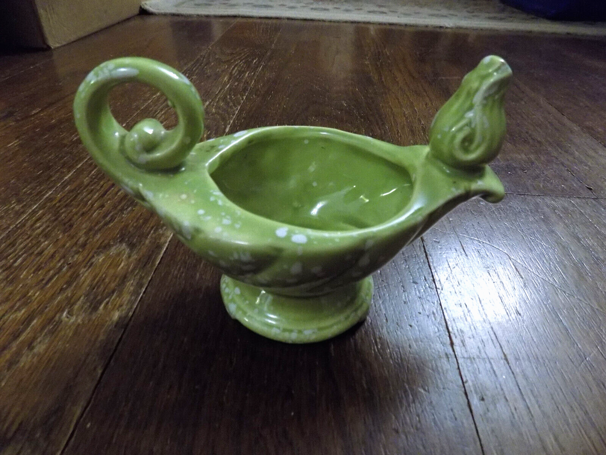 Mid-Century Modern Shawnee White Splatter on Green Pottery ALADDIN