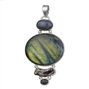 925-Sterling-Silver-huge-Labradorite-Biwa-Pearl-gemstone-Pendant-jewelry-20-96g