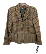 NWT CHAP'S Wool Blend Career Blazer Women 12 Houndstooth Brown Classic Old Money