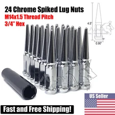 24 Chrome Spike 3/4" Hex Lug Nuts 14x1.5 For 2019-Newer Ram 1500 All Trims + Key