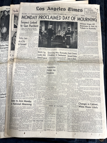 Original 1963 LOS ANGELES TIMES newspaper- JOHN F KENNEDY- "Day of Mourning" - Picture 2 of 2