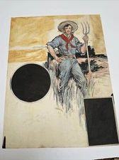 ANTIQUE PAINTING ILLUSTRATION JOSEPH L KRAEMER LISTED FAMOUS FARMER FARM WORKER