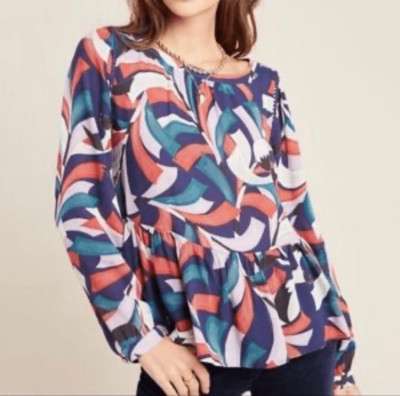Anthropologie Maeve Bird Print Cheyenne Long Sleeve Blouse | Size XS