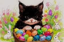 ACEO Mini *Art Print* Black Tuxedo Cat Baby Kitten & Easter Eggs Bunnies Saulite