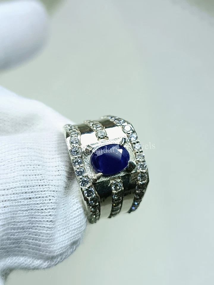 Natural Blue Sapphire Ring 925 Silver Plated Ring For Men's Engagement Ring - Image 4 of 4