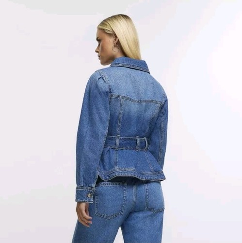 River Island Womens Jacket Blue Belted Denim Collared Outerwear Top UK Size 8 - Picture 3 of 7