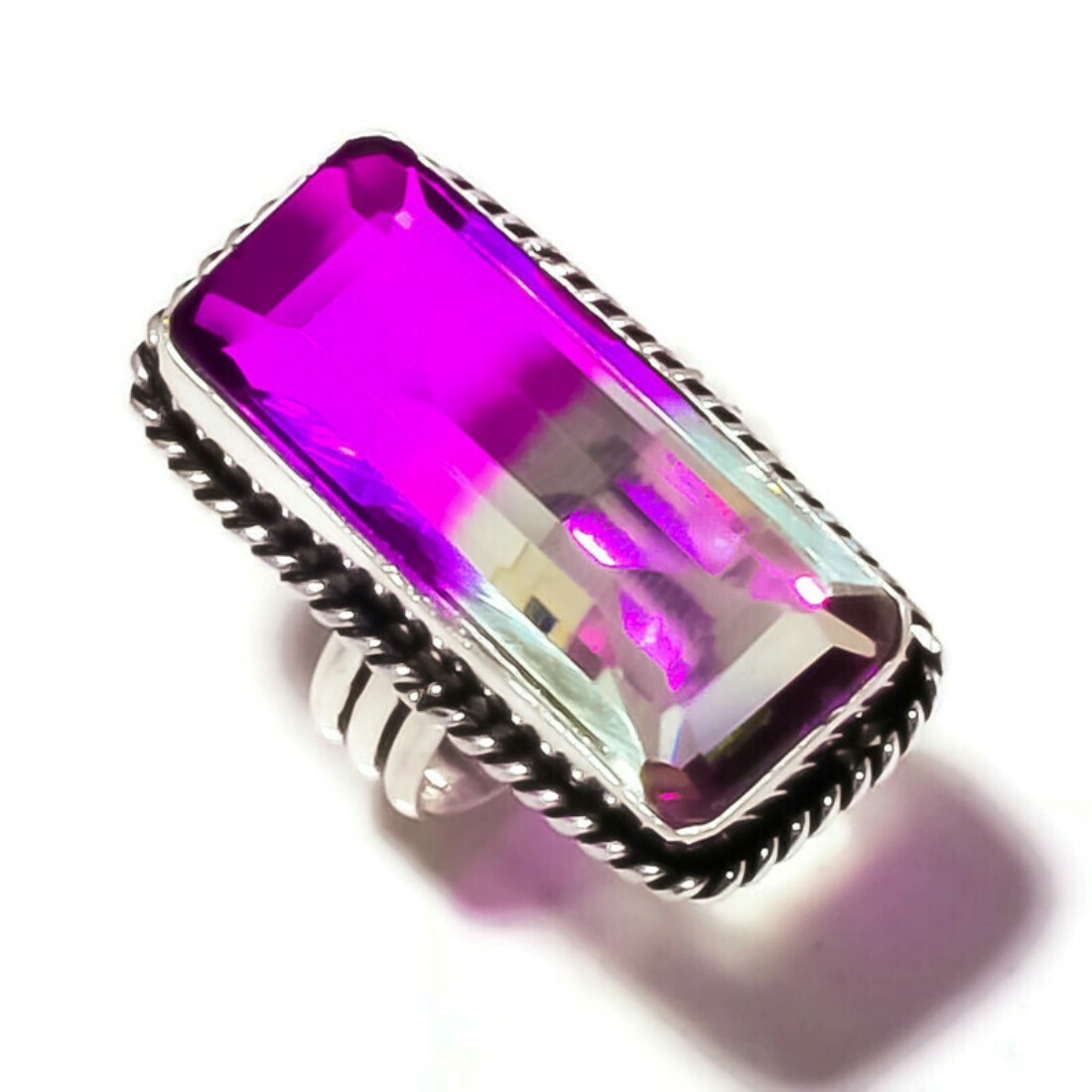 Bi Color Tourmaline Gemstone Silver Overlay Handmade Rope Bezel Ring US-9.5
