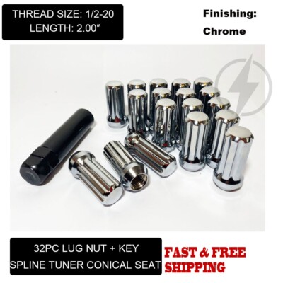 32Pc Chrome 1/2-20 Spline Lug Nuts 2'' Fits Dodge D200 Pickup B300 W200 + Key