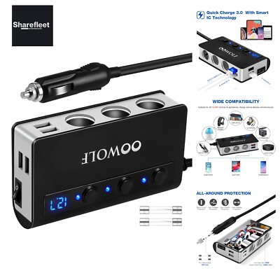Cigarette Lighter Distributor, QC 3.0 180W 12V/24V, Adapter Car Charger, 3 DC...