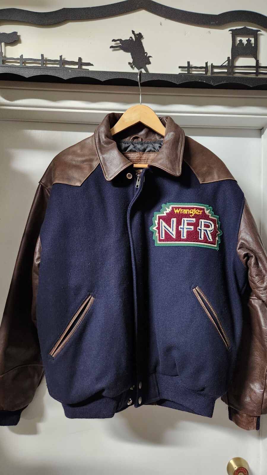 Wrangler NFR 2004 Rodeo Contestant Jacket Blue & Brwn  Leather & wool New Size M