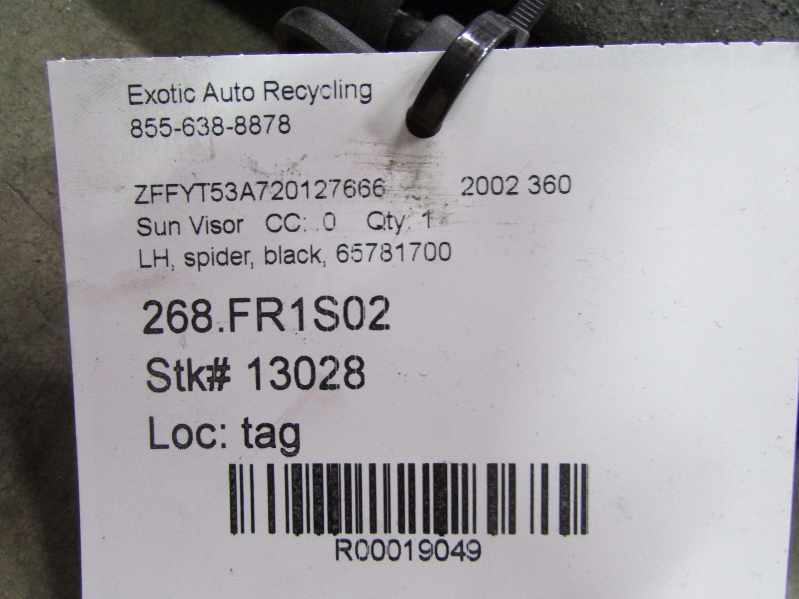 Ferrari 360, Spider, LH, Left  Sun Visor, Black, P/N 65781700