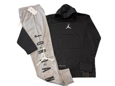 NWT NIKE AIR JORDAN BOY 2 PC SET BLACK DRI-FIT HOODIE GRAY ACTIVE JOGGERS L & XL