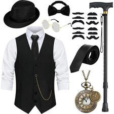 1920s Fancy Dress Mens Waistcoat with Accessories, Folding Crutch Pocket Watch Ba...