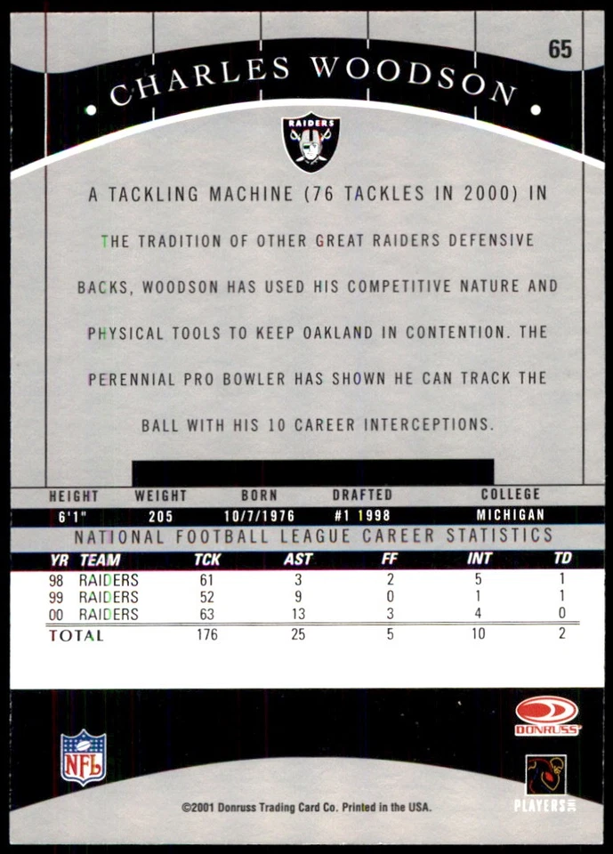 Charles Woodson 2001 Donruss Classics #65 Raiders NFL READ FREE SHIPPING - Image 2 of 2