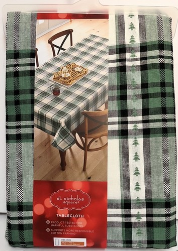 St. Nicolas Square Tablecloth Plaid Green Oblong 60x102 Small Green Trees New - Picture 1 of 8