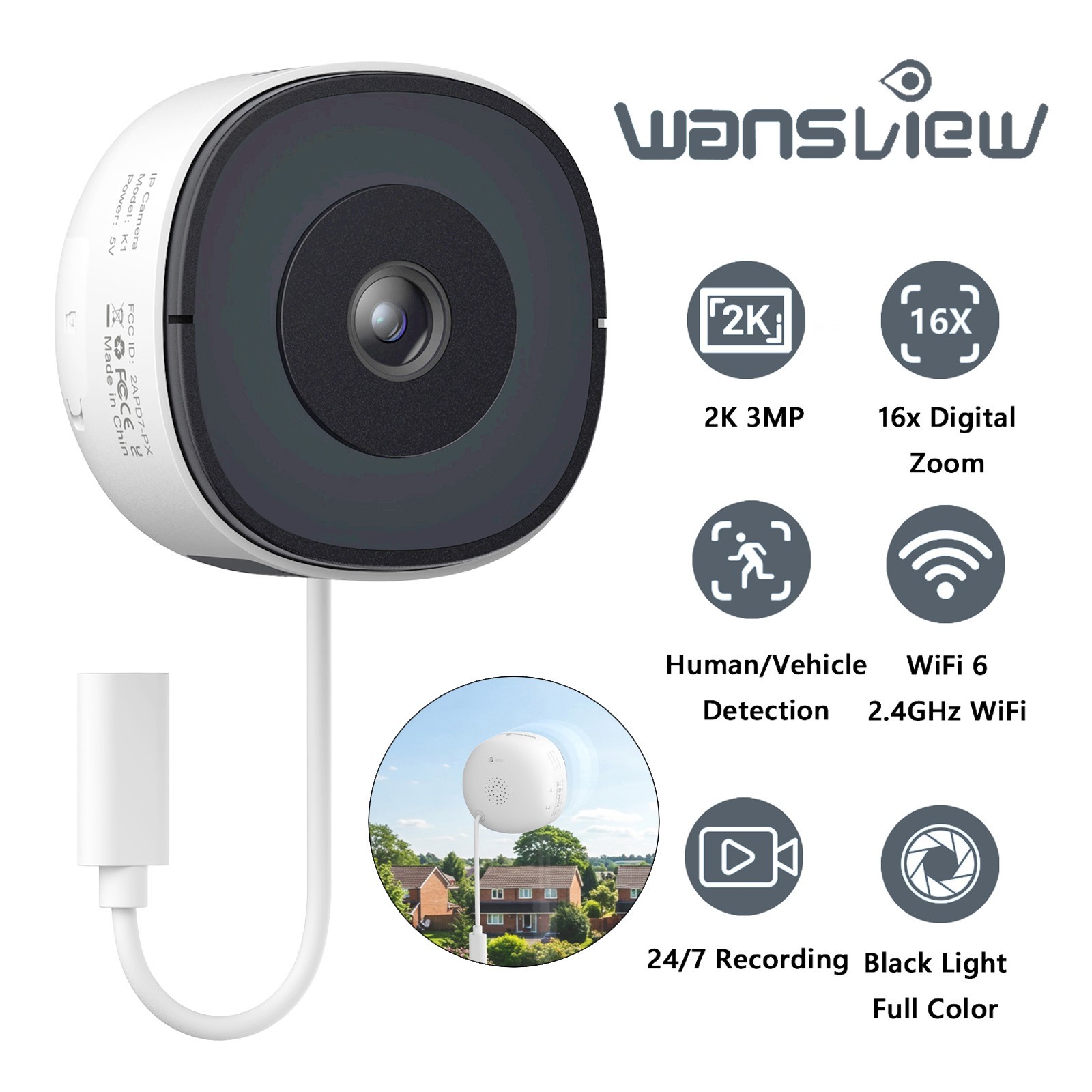 Wansview 2K Window Camera WIFI Security Camera Color Night Vision Ai Detection
