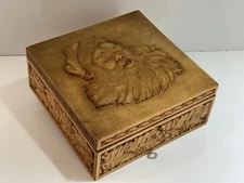 SANTA Christmas CARVED Wood Box Treasure Chest Storage Holly Lock & Key