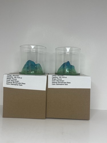 TWO Blue Green 3D Mountain Peak Glasses Mt. Fuji Whiskey Vodka Bourbon NEAT - Picture 10 of 12