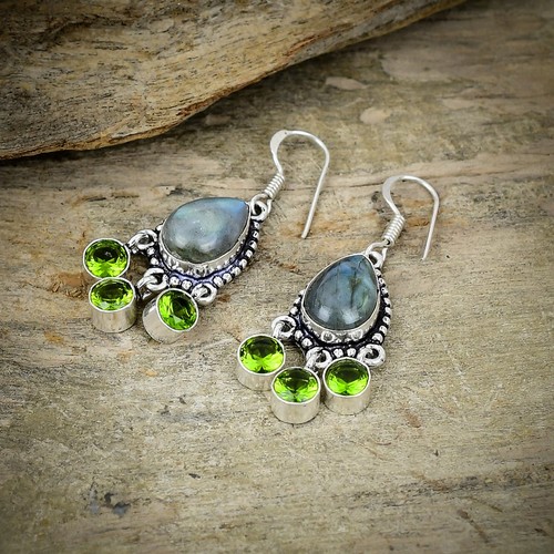 Labradorite, Peridot Gemstone 925 Sterling Silver Jewelry Earring 1.69" o674 - Picture 3 of 4