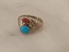 VINTAGE NATIVE AMERICAN STIRLING SILVER w/ 2 STONES OF TURQUOISE/CORAL RING