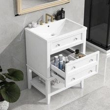 24" Bathroom Vanity with Sink, Cabinet w Drawer and Open Shelf, Solid Wood Frame