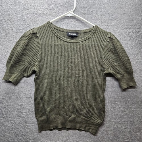 Express Women's Sz XXS Merino-Blend Crew Neck Short Puff Sleeve Sweater Green - Picture 1 of 8