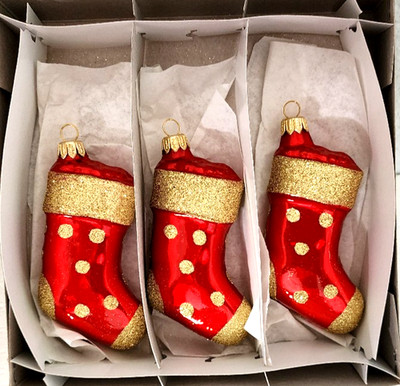 3 Retro Czech Glass Christmas Ornaments Red Stockings 4.25'' Handmade