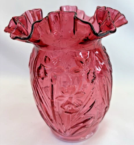 Vintage Fenton Cranberry Pink Daffodil Vase Ruffled Edge Embossed Flowers 8"