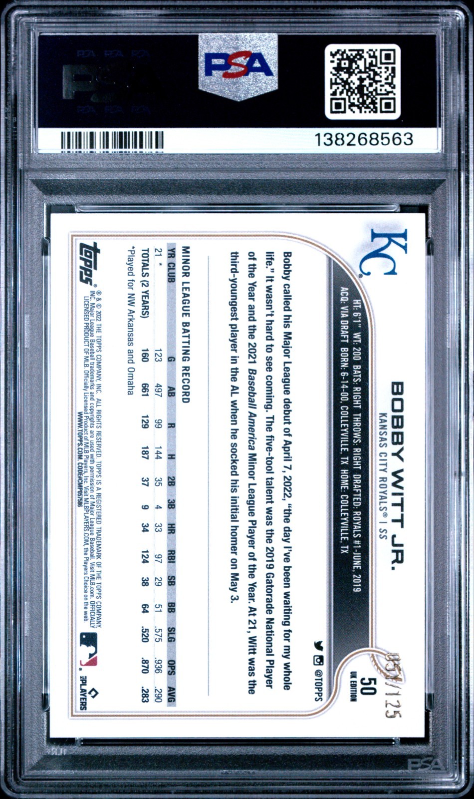 2022 TOPPS UK EDITION BLACK #50 BOBBY WITT JR. ROOKIE RC /125 PSA 10 POP 4 view 2