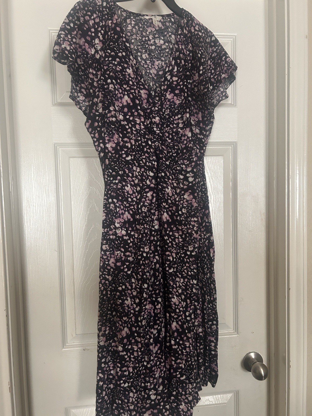 Black Pink Floral Midi Dress V-Neck Fit & Flare Ruffle Flutter Sleeve Women
