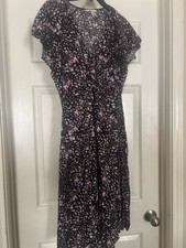 Black Pink Floral Midi Dress V-Neck Fit  Flare Ruffle Flutter Sleeve Women