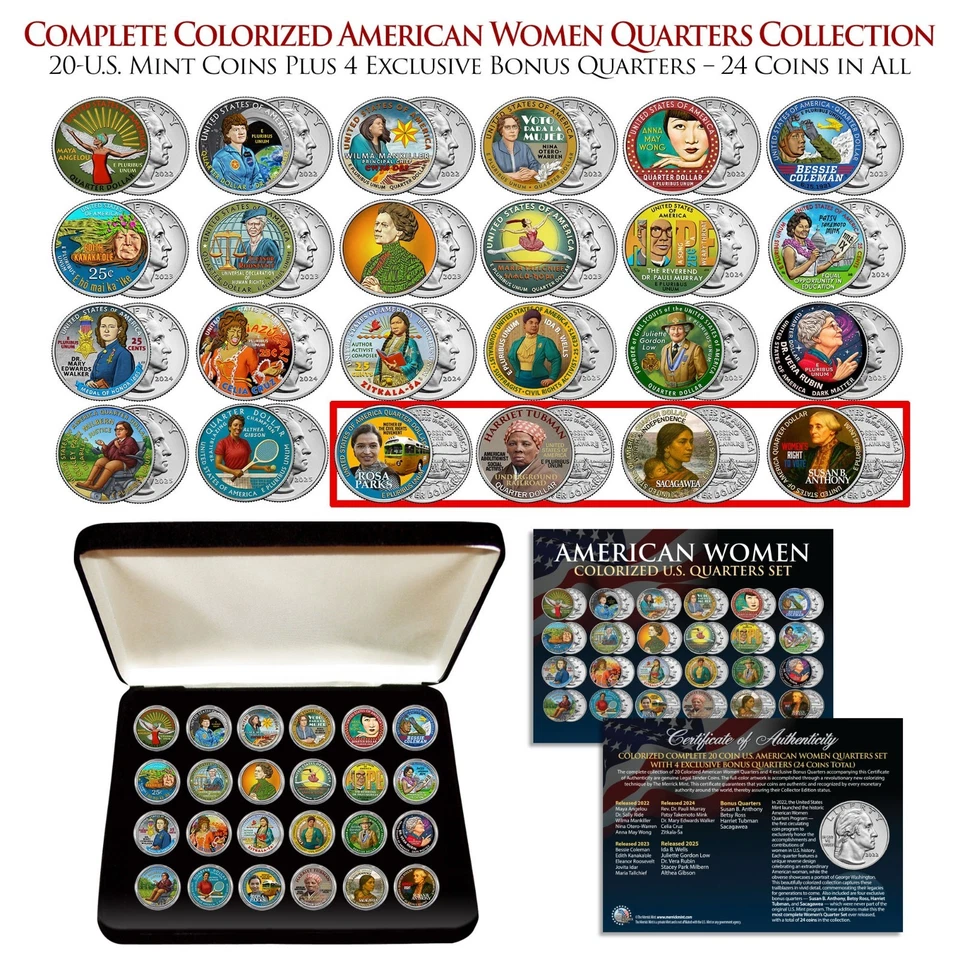 Juego de 20 monedas coloreadas de cuartos de galón American Women + 4 monedas de bonificación exclusivas con CAJA Foto 2 de 3