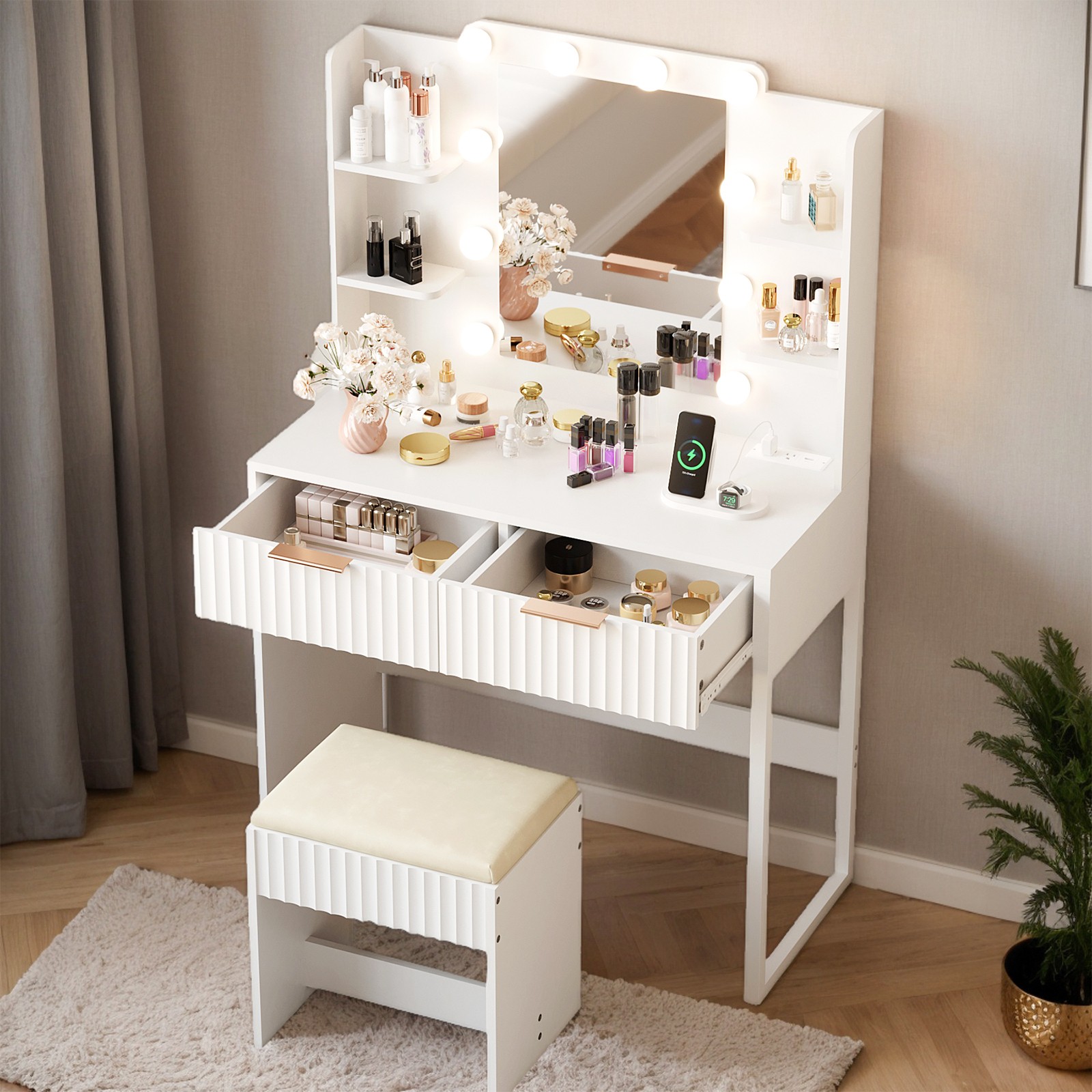 White particleboard with a melamine finish, 2 drawers, 4 shelves, a dressing