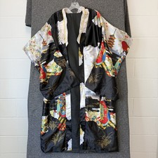 Japanese Geisha Kimono Lined Robe Black Red White Floral Pagoda Asian Art