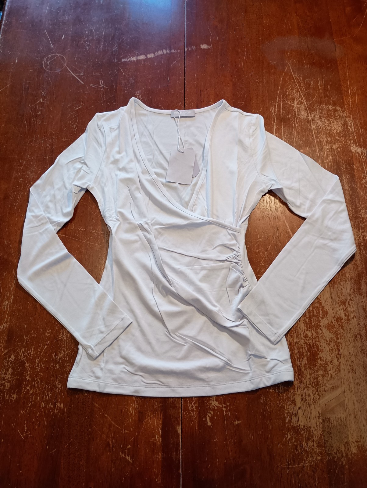 MANGOPOP Women's White Deep V Neck Wrap Front Long Sleeve Blouse Top Size XS