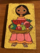 Vintage Mexican Folk Art Mixed Media Girl On Board Signed  Gustavo Mexico
